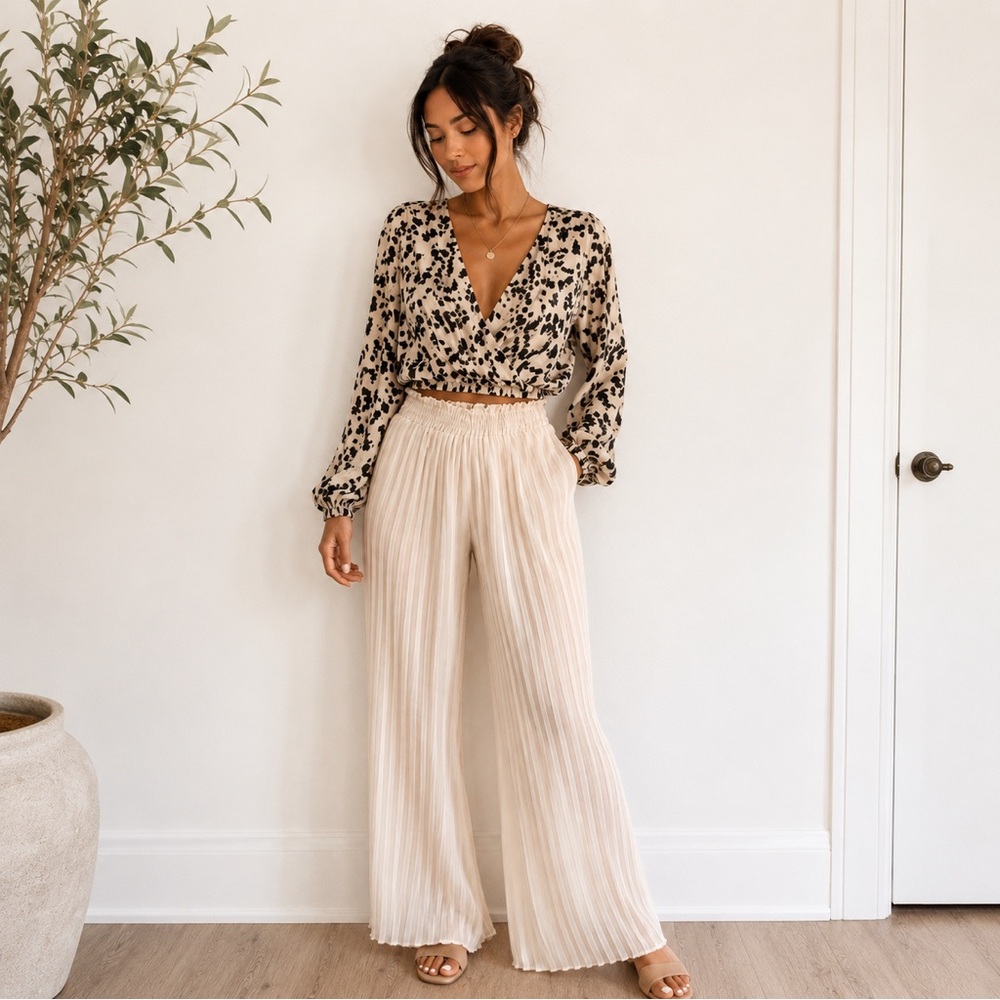 JAPNA Chic Leopard Wrap Top & Pleated Wide Leg Pants 2 Piece Set